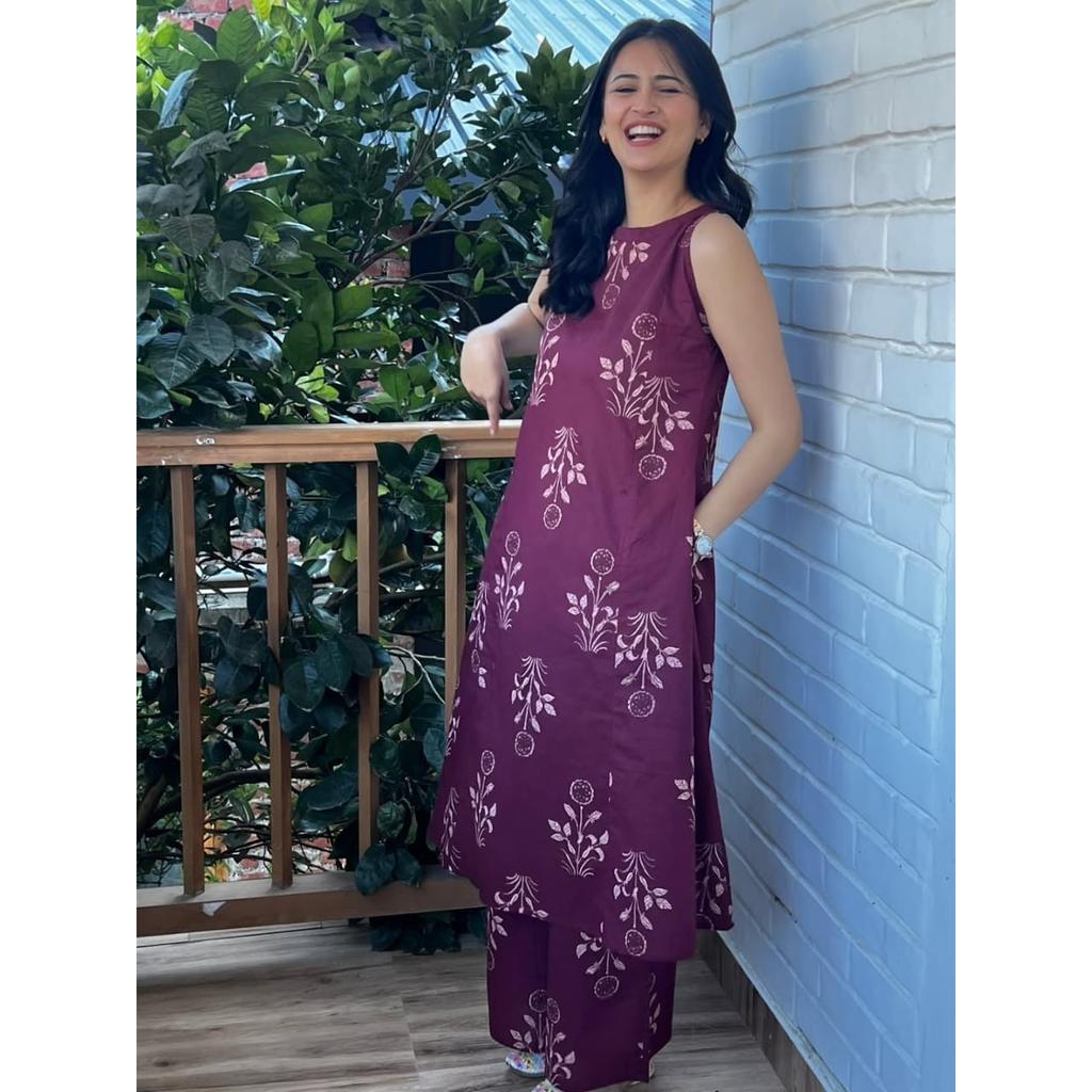 Floral Printed Sleeveless Top Kurti Palazzo Set Indian Women's Kurta Cord Set