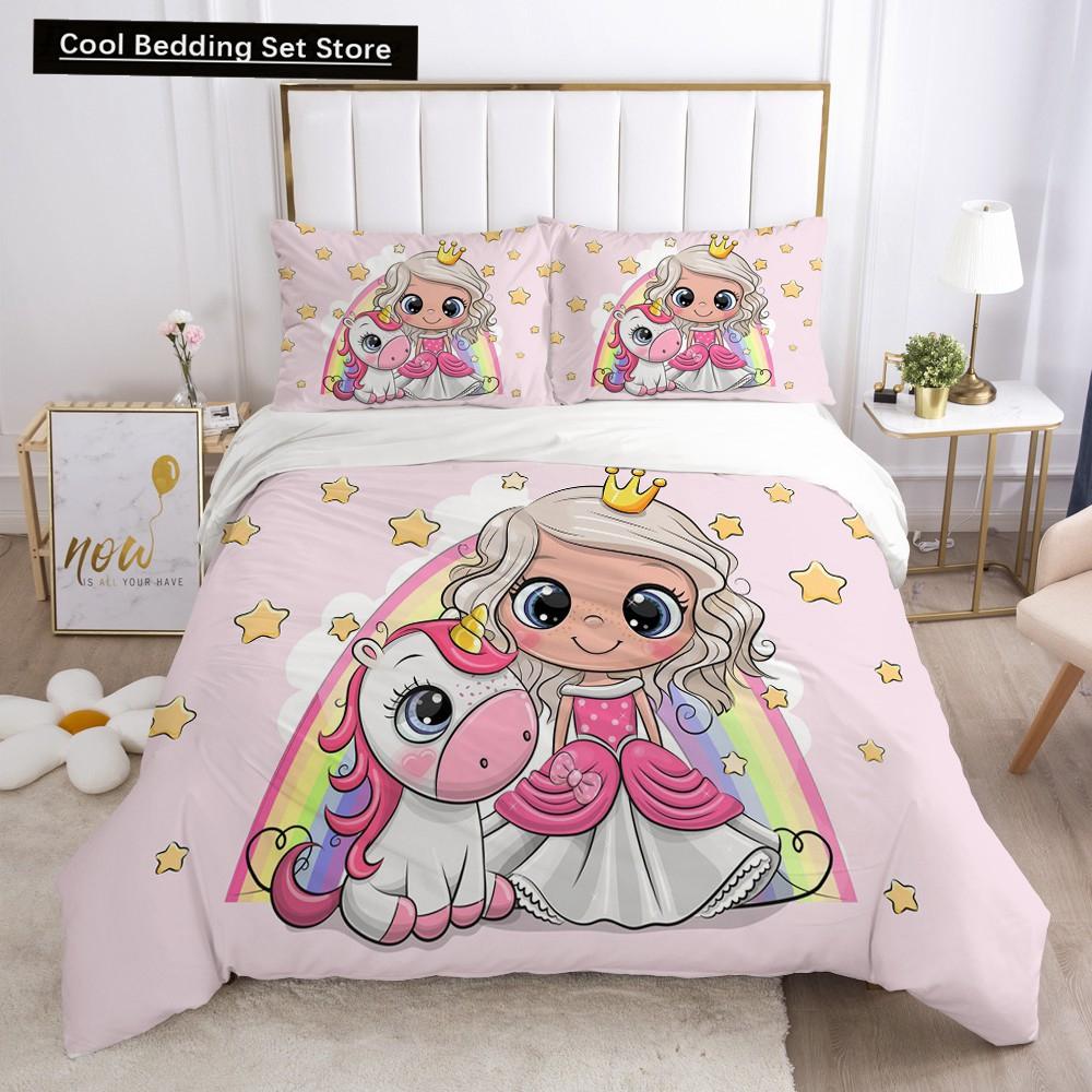Children Kids Baby Pink Bedding Set Queen King Cartoon Unicorn White Duvet Cover Twin Full Colorful 2/3pcs Polyester Quilt Cover