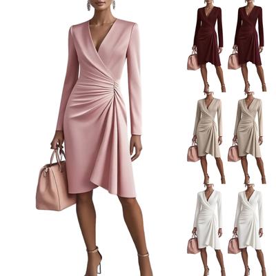 Dámské jednobarevné bodycon šaty s dlouhým rukávem, výstřihem do V a plisovaným designem