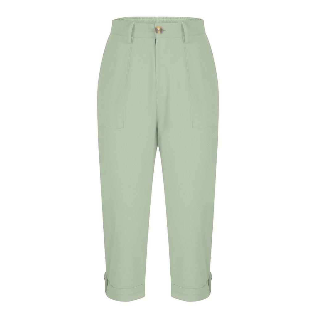 Women Casual Capri Pants High Waisted Rolled Cuff Ankle Pants Solid Color Pocket Detail Loose Fit Trousers