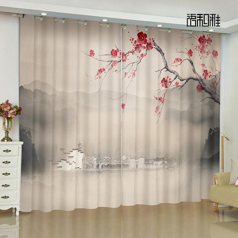 Personalized Chinese Cortinas Drape Fabric Transparent Scenery Flower Bird Plum Blossom Bedchamber Livingroom Space Windowpane Drape 2panels