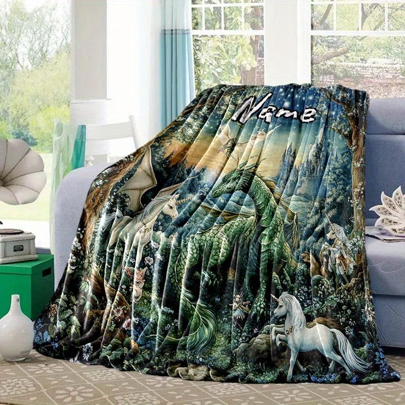 Dragons And Unicorns Customize Your Name Blanket Used For Chair Office Sofa Bed Camping Soft And Warm Giving Friends And Relatives Birthday Graduation