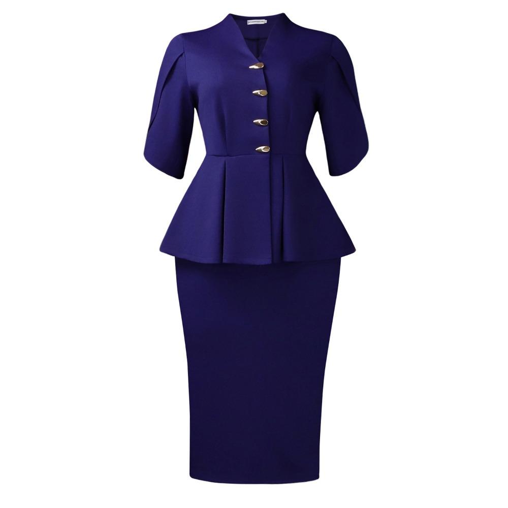 Women's Slim Fit Two-piece Suit Short Sleeve Peplum Top High Waist Pencil Skirt Elegant Office Matching Set Solid Polyester Spandex Co-ord Set