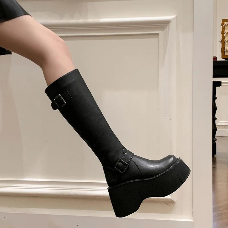 Women's Shoes Basic Women's Boots Classics Knee-High Boots Women Belt Buckle Side Zip Round Toe Wedge Platform Shoes Ladies
