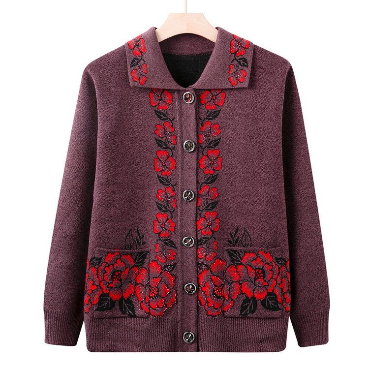 Mom Autumn Sweater Coat Mother-in-law Knitted Cardigan Old Lady Clothes Lapel Winter Clothes Elderly Grandma Sweater