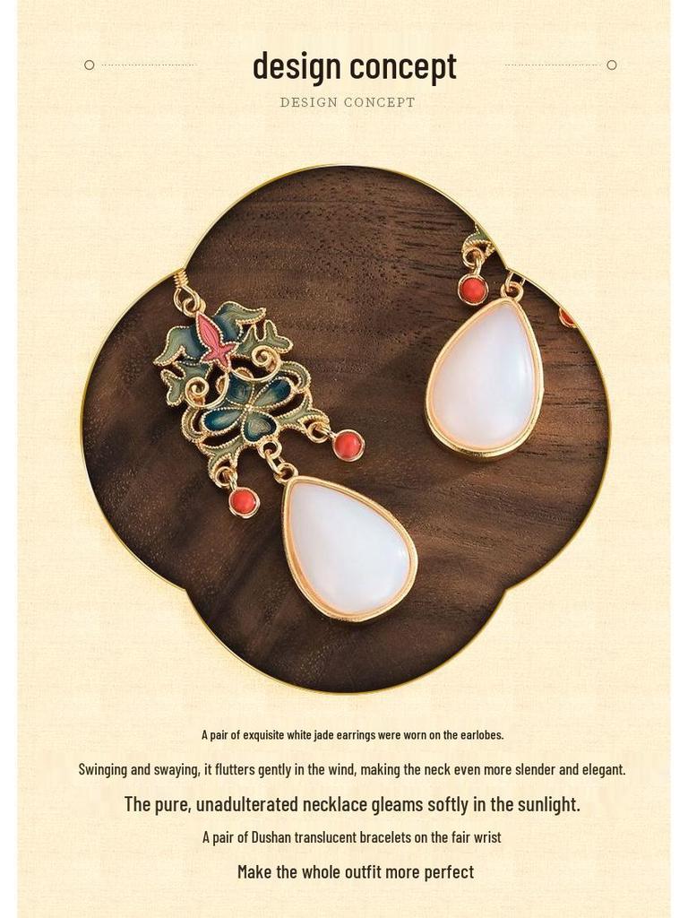 Retro National Trend Cloisonné Enamel Earrings with Southern Red Agate and White Jade for Hanfu Costumes