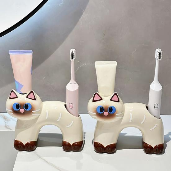 Toothbrush Holder, Cat Shape with Drain Port, Mold-Resistant Double-Hole Ceramic Organizer for Bathroom Accessory
