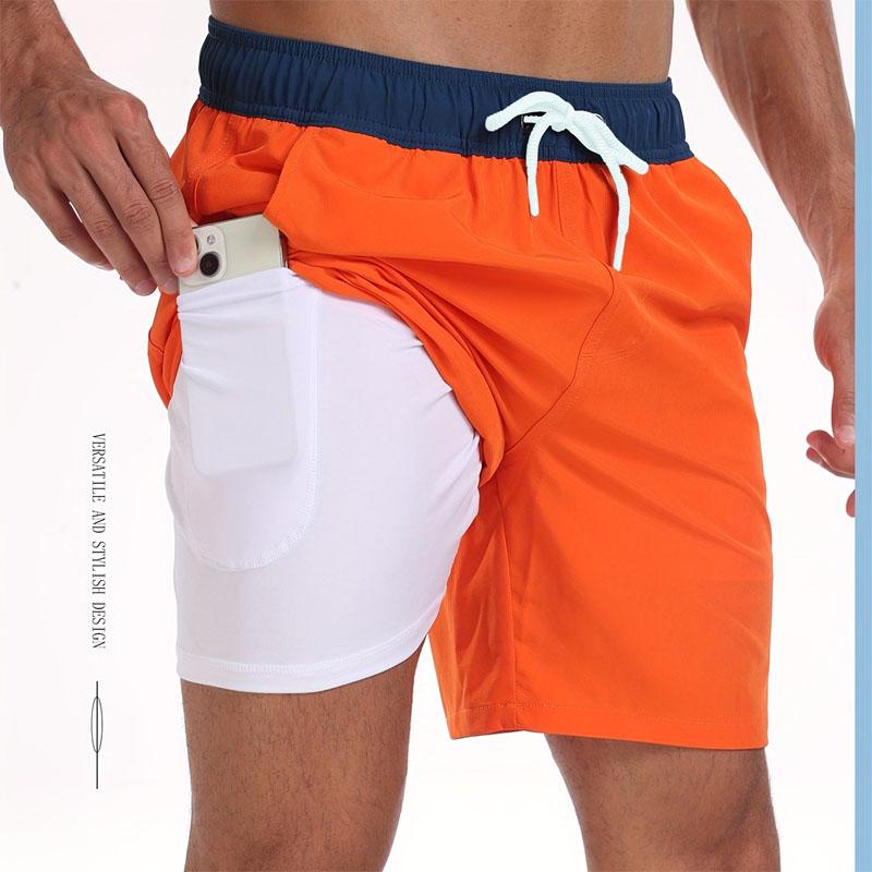 Men's Two Layers Board Shorts With Pockets, Athletic Quick Dry Slightly Stretch Drawstring Workout Shorts With Assorted Colors