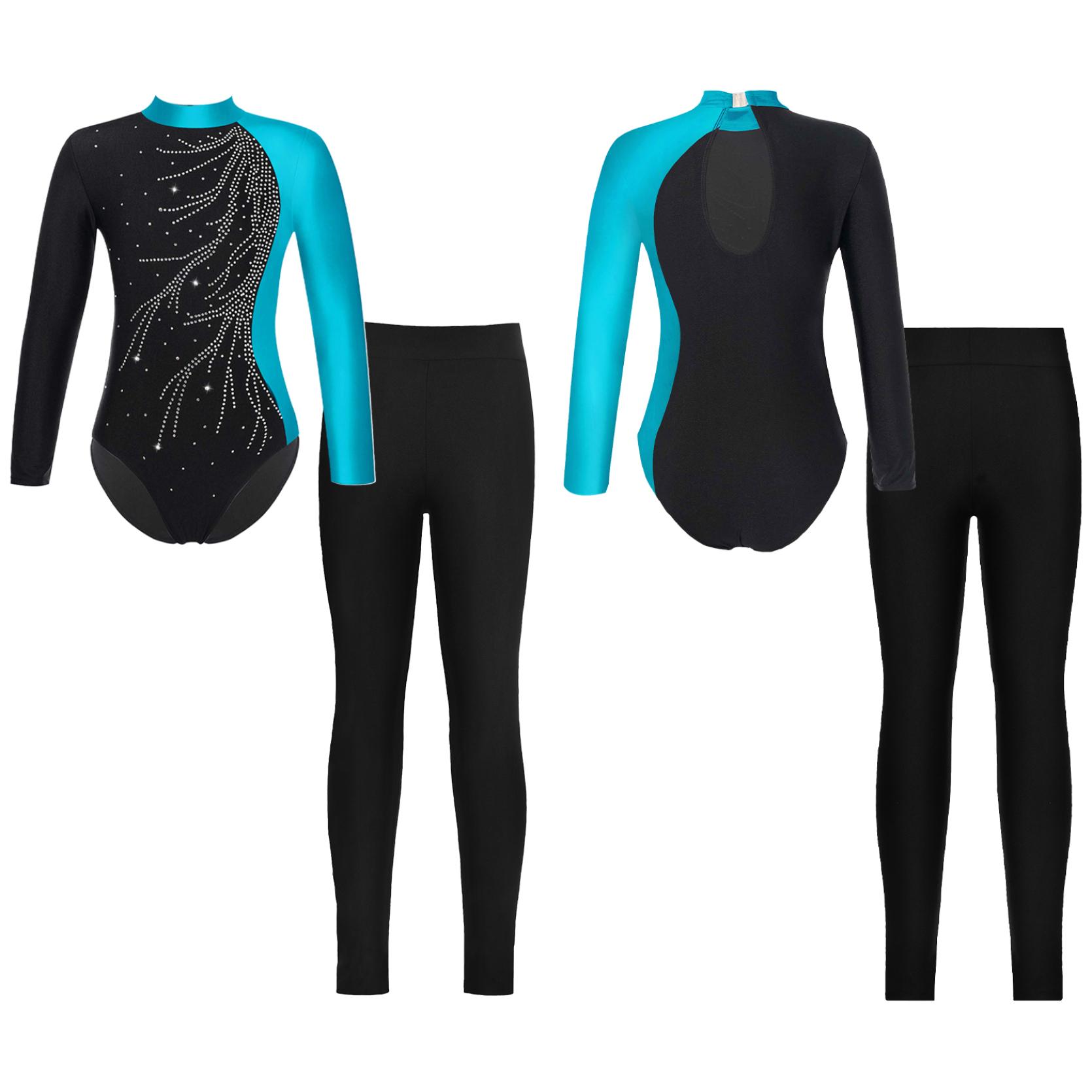 

Детские велосипедные гимнастические купальники контрастного цвета с длинными рукавами для девочек и леггинсы для танцев и катания на коньках 5-6 Years зелёный/чёрный