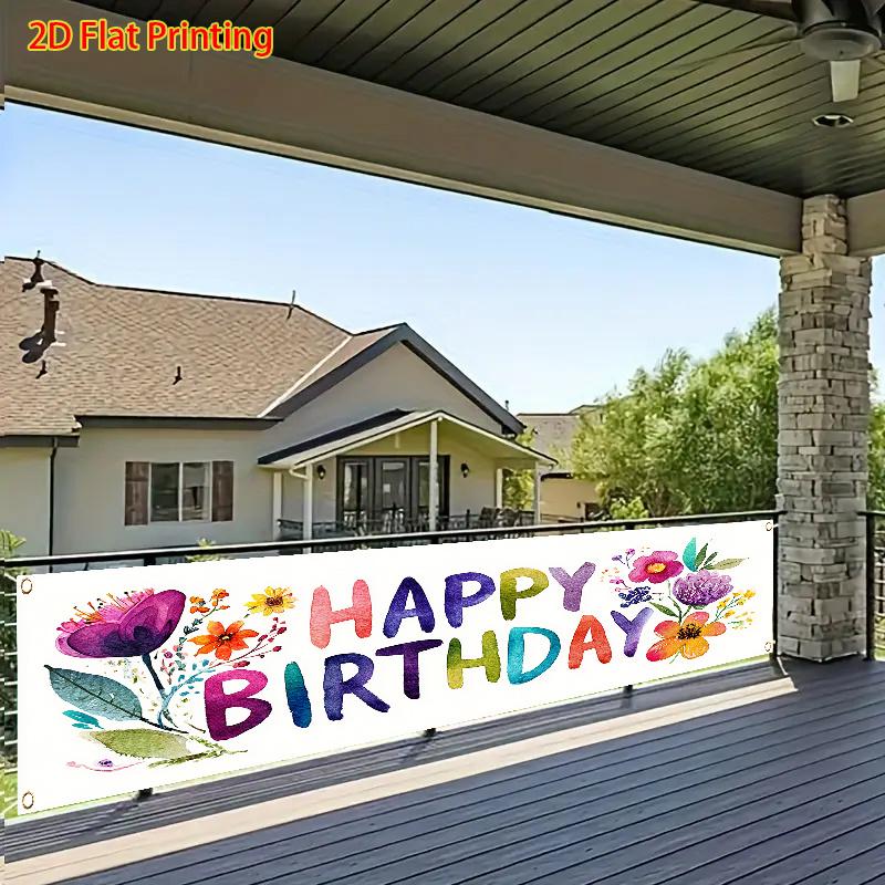 Happy Birthday Banner, Flowers & Happy Birthday Letter Design, Polyester Outdoor Lawn Wall Holiday Party Decoration