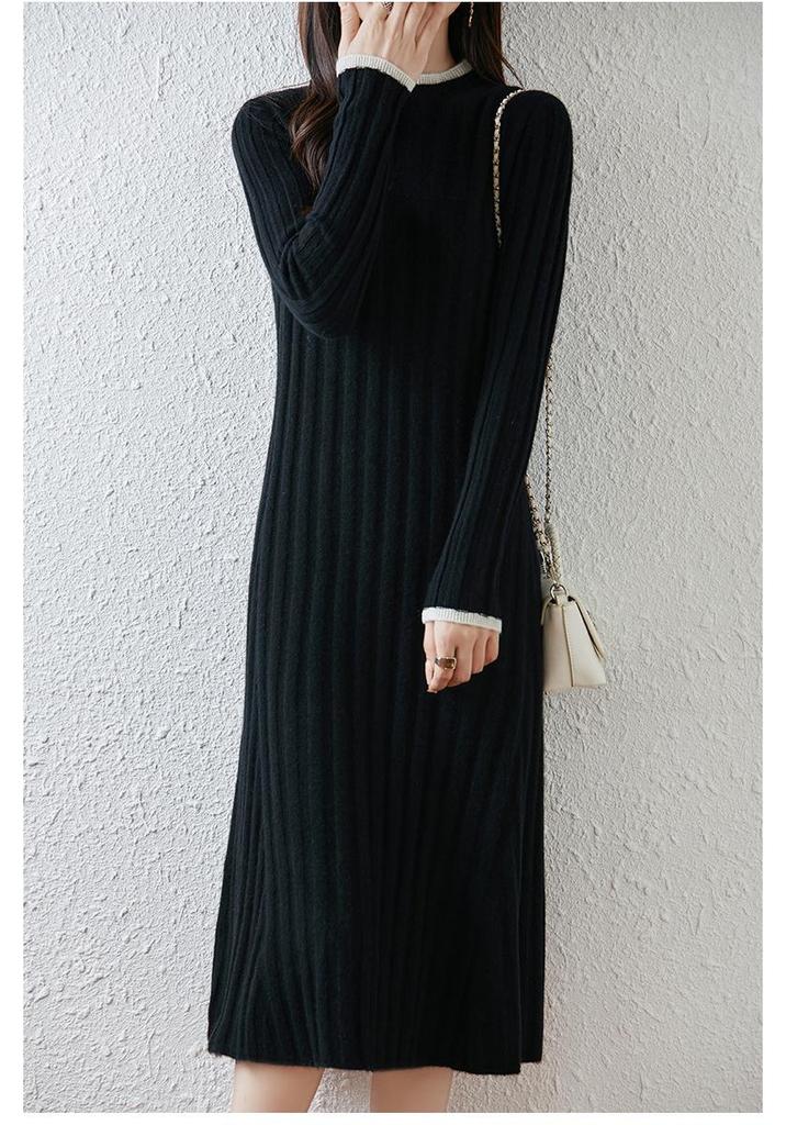 Women's Mid-Length Wool Knit Dress with High Collar - Elegant Cashmere Base Layer for Autumn/Winter
