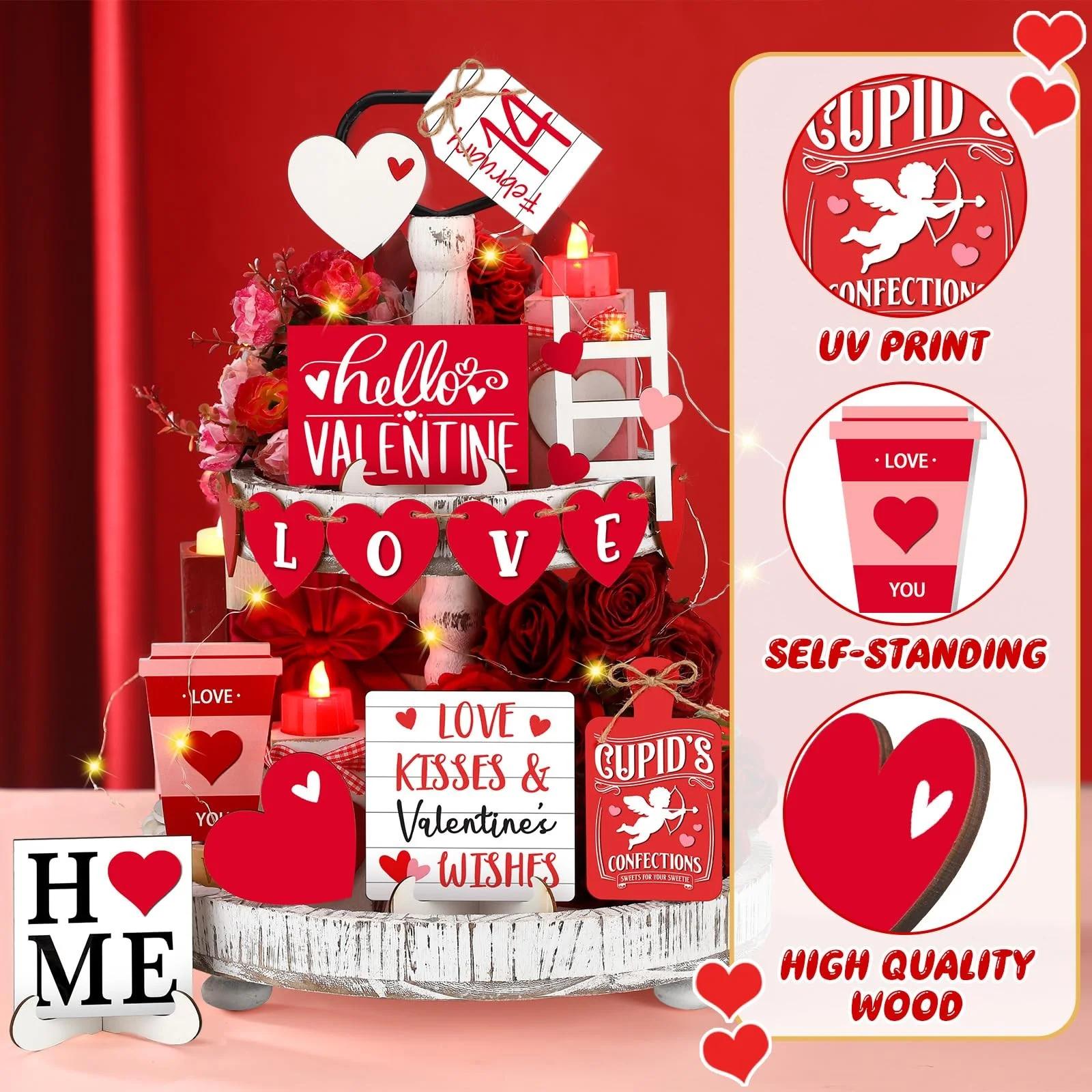 

Trendy Heart Shaped Tabletop Decor Romantic 17 Piece Wooden Sign Chic Multi Layer Valentine Themed Party Ornament