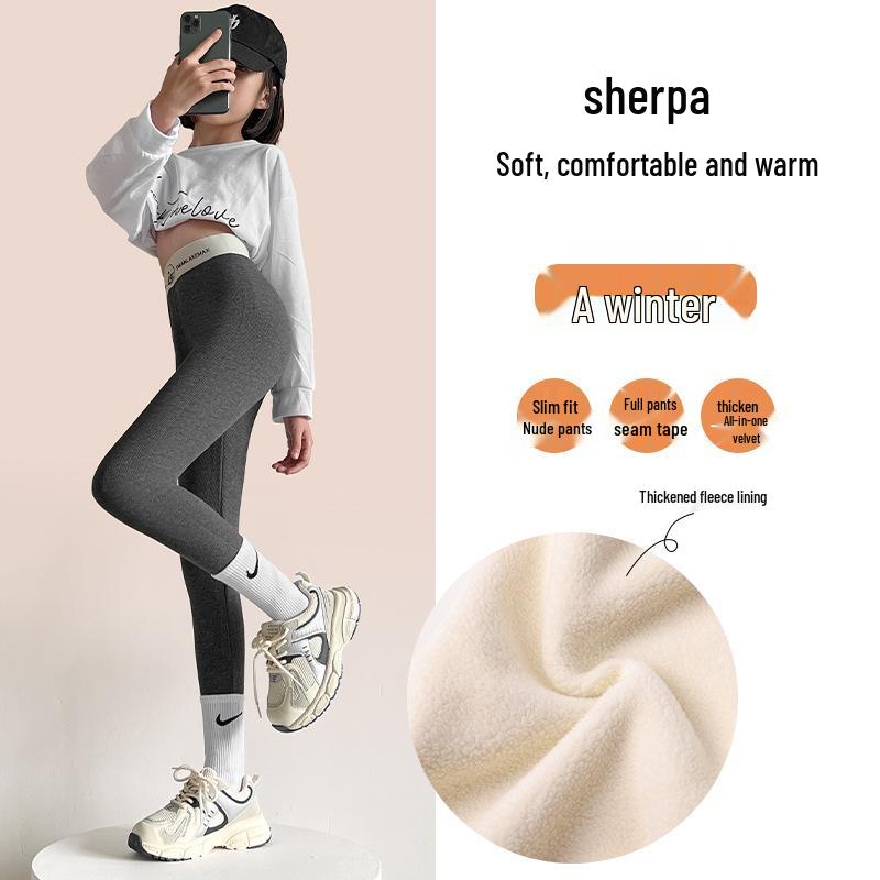 Kinder Gerippte Leggings mit Schwan-Bund - Herbst/Winter Warm, Samtgefüttert, Oberbekleidung aus Lammwolle