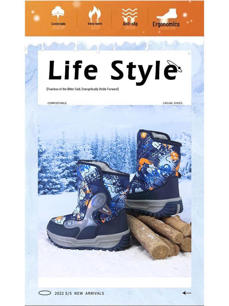 Winter 2025 Boys' High-Top Waterproof Snow Boots with Thick Velvet Lining