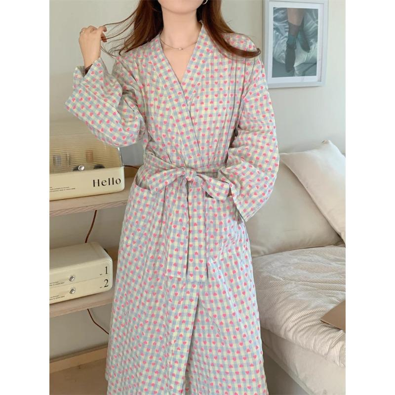 Bathrobe Women's Bathing Plaid Loose Long Sleeve Long Kimono V-neck Lace Up Trousers Nightgown Sexy Robe