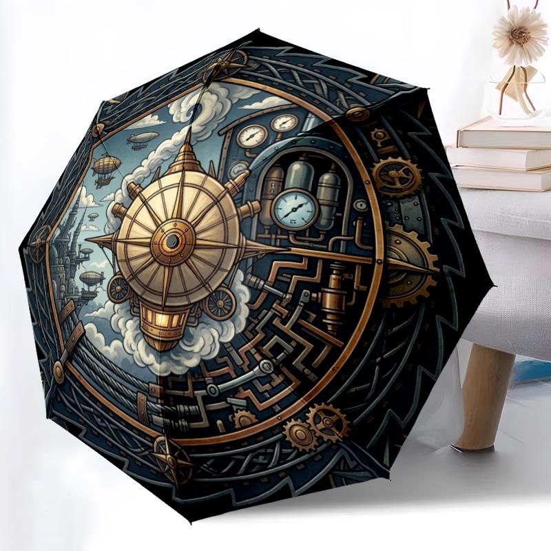 Steampunk Adventure Map Pattern Umbrella, Portable and Foldable Design, 8 Ribs, a Casual Accessory for Halloween, Christmas, and Birthday Gifts.