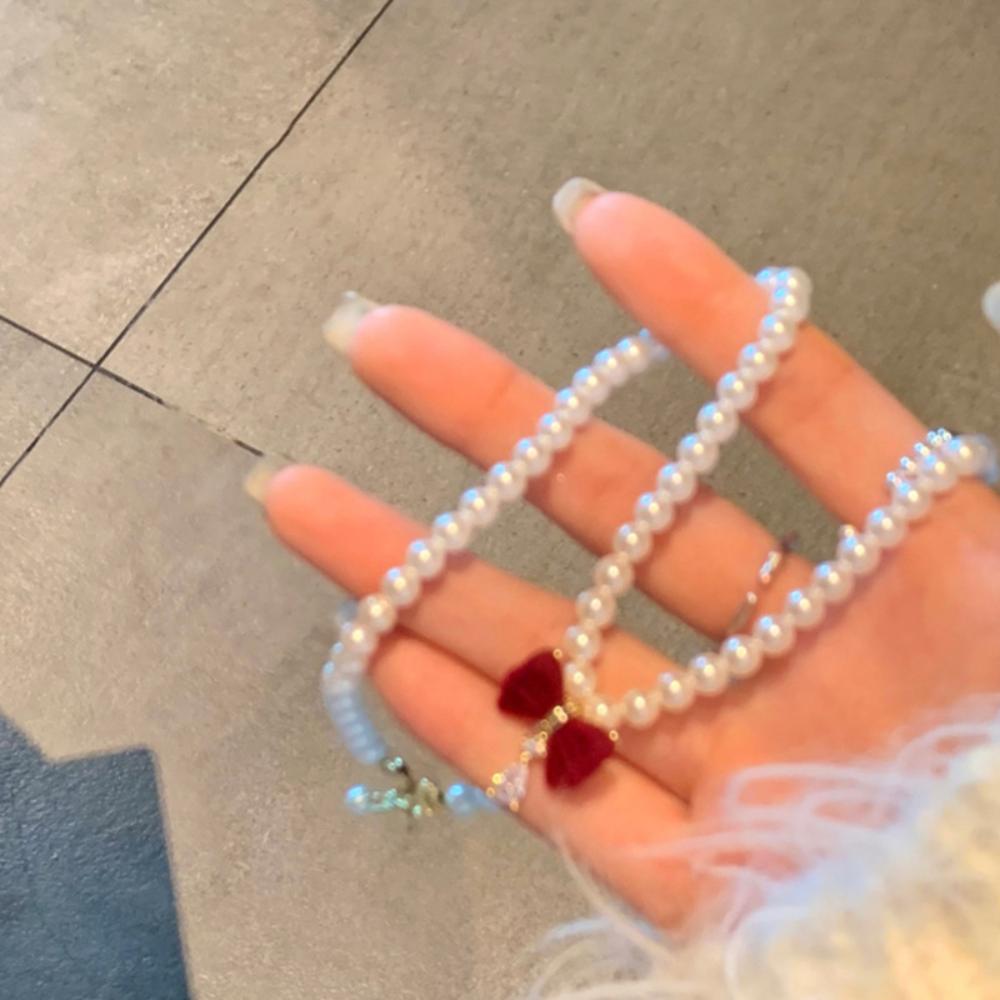 Ins Bowknot Pearl Necklace Imitation Pearl Bow Pendant Necklace Trendy Chain Choker  Party