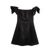 Autumn and Winter New Women Clothes French Style Retro off-Neck Silk Satin Bowknot Decoration Short Mini Dress