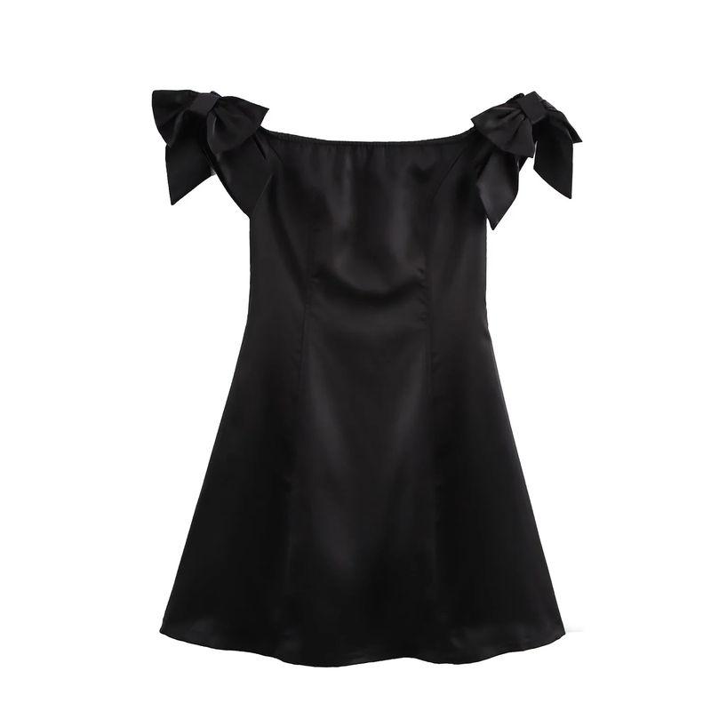 Autumn and Winter New Women Clothes French Style Retro off-Neck Silk Satin Bowknot Decoration Short Mini Dress