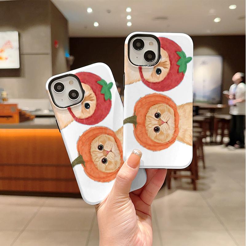 Elegant Watercolor Fruity Orange Pumpkin Cat Graphic Art Film Aesthetic Protective Shockproof Bumper Case Cover For iPhone 14 15 16 Pro Max Plus