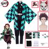 Anime Tanjirou Kamado Cosplay Demon Slayers Kimetsu no Yaiba Cosplay Kostüm Perücke Maske Kimono Umhang Halloween Uniform Erwachsene Kinder