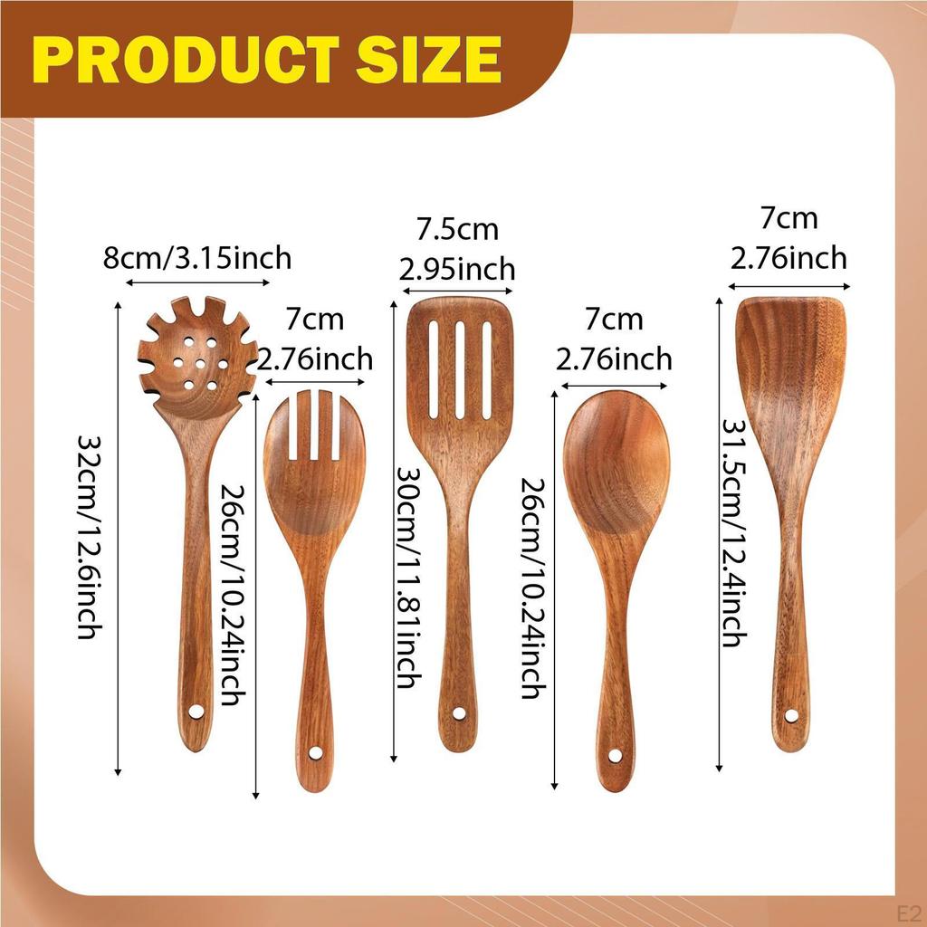 5 Pieces Wooden Spoons for Cooking Cookware Gadgets Wood Dinnerware Reusable Long Handle