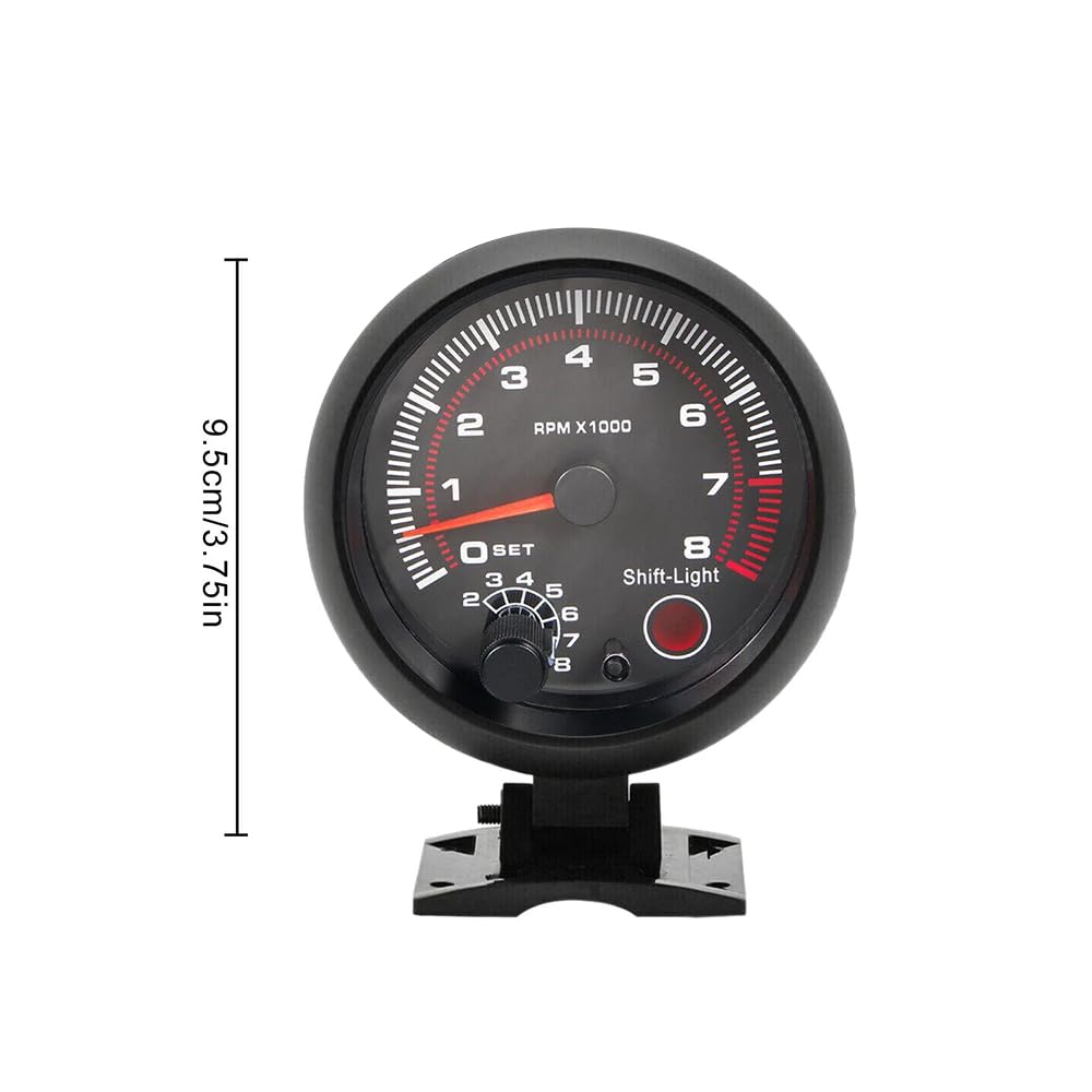 Shkalacar 3.75" Autogage Tachometer - Universal Car Gauge With White Inter Shift Light 0-8000 RPM - Black and White Light Instrument for 12V Petrol
