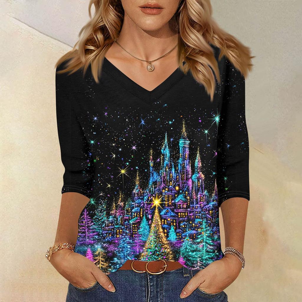 Trendy Vintage 3/4 Sleeve Top For Women,Ladies Casual Three Quarter Sleeve V-neck Printed T-Shirt Blouse