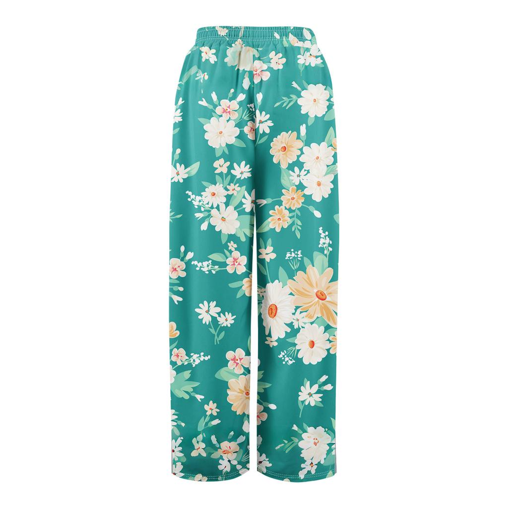 Kvinner Sommer Boho Palazzo Bukser Høy midje Bred Leg Blomstertrykk Uformelle bukser med lommer
