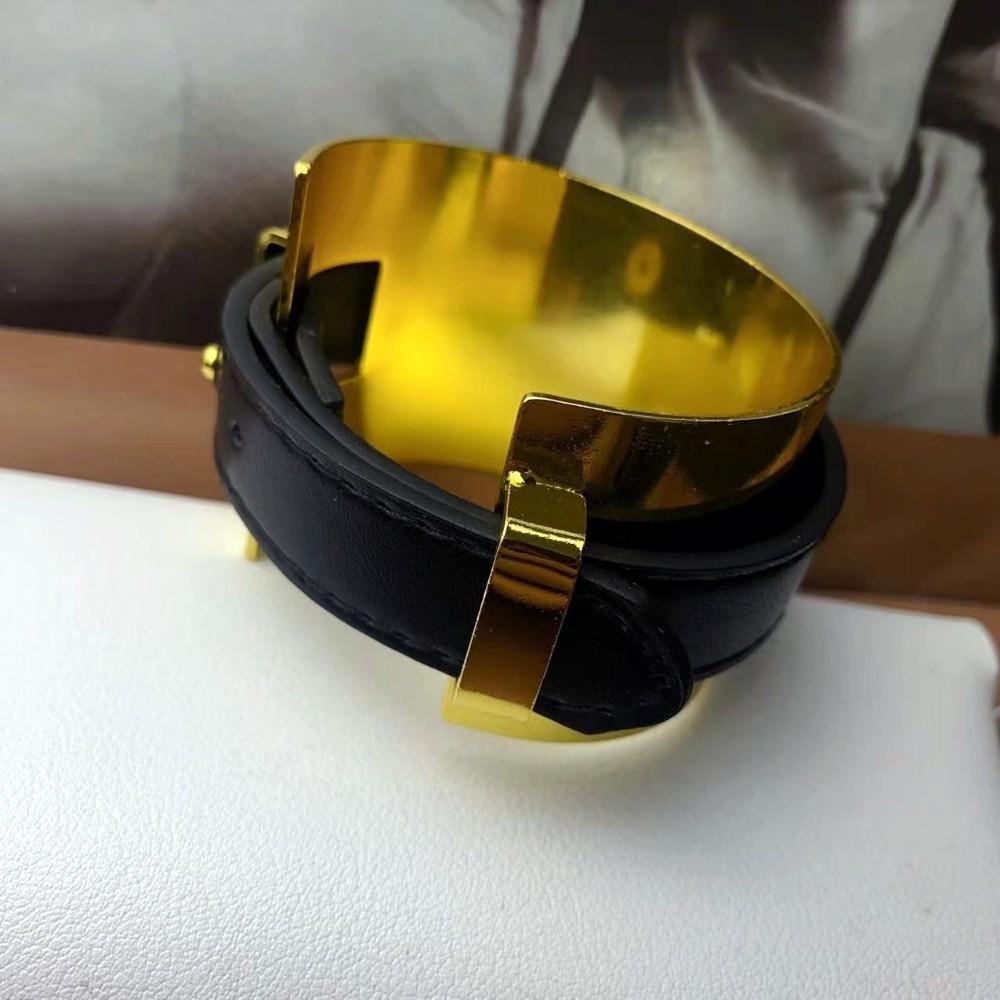 Golden Exaggerated Metal Bangle Armlet Women Open Bangle Belt Buckle Leather Bracelet Party