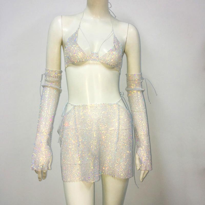 Dámský top od bikin se třpytivými kamínkovými ramínky a rybí síťovinou, mini sukně, sexy síťovaný outfit, plážové oblečení, plavky