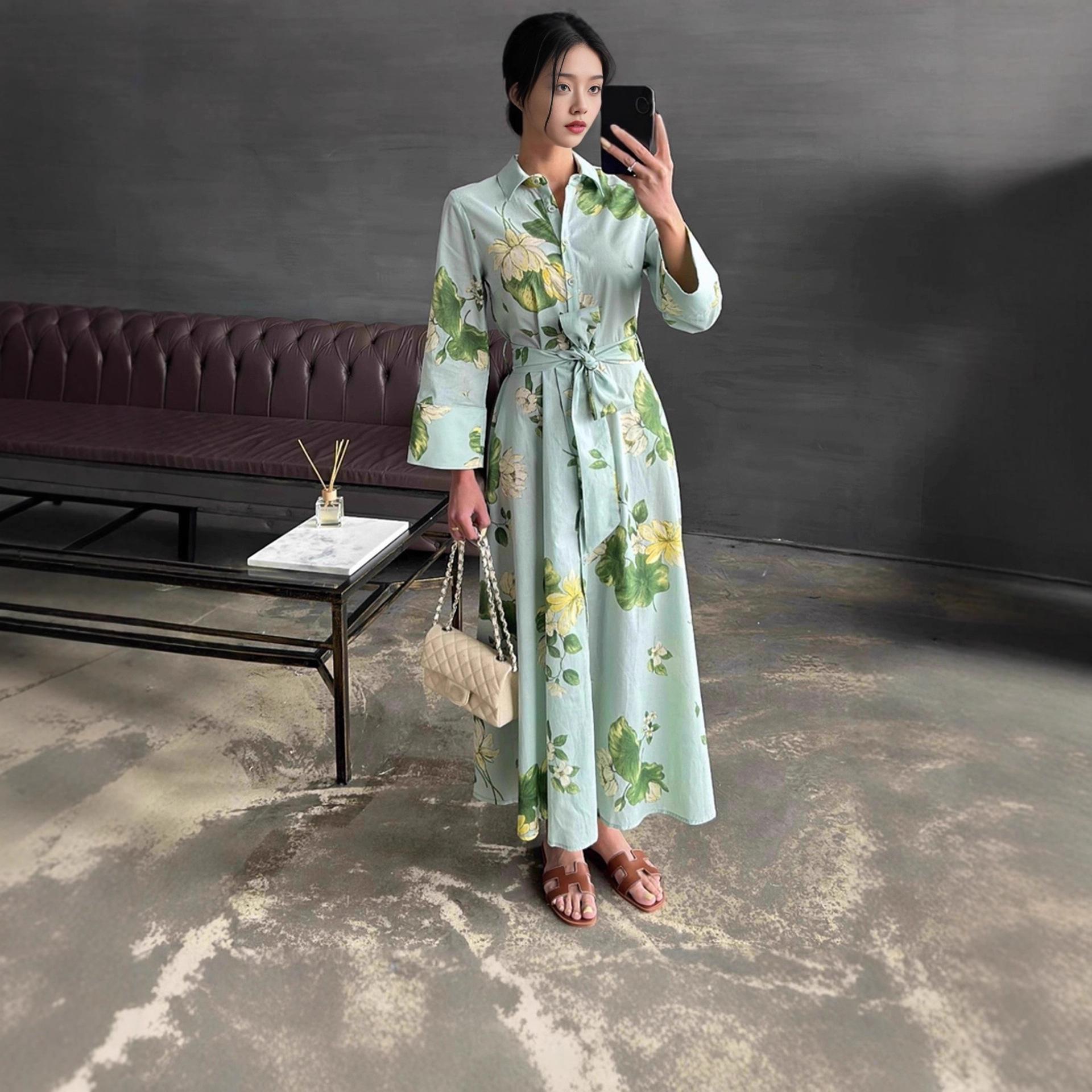 Women s Long-sleeved Lapel Green Print Elegant Shirt Dress S