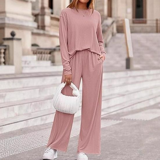 

2025 Spring Urban Chic Women s Ribbed Long Sleeve Casual Set L розовый