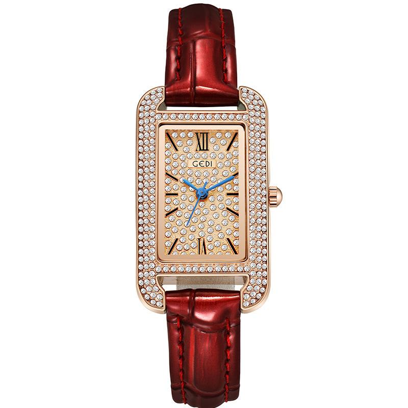 Women S Fashion Small Square Disc Full Of Diamonds Niche Belt Gypsy Quartz Waterproof Watch красный