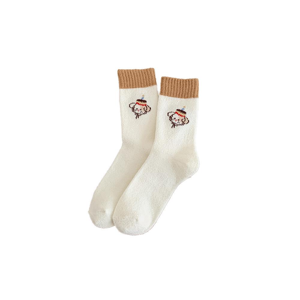 

Female Autumn and Winter Plus Velvet and Thick Warm Cartoon Embroidery Lovely Lace in The Tube Pile Socks 1 pair
