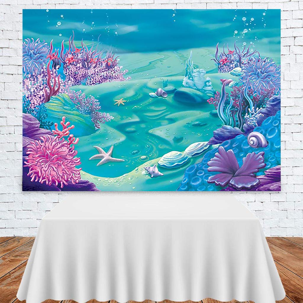 Avezano Sfondo Fotografico Per Compleanno Sirena 2,1x1,5m – Tema Subacqueo, Viola E Verde Acqua, In Cotone Morbido - 4