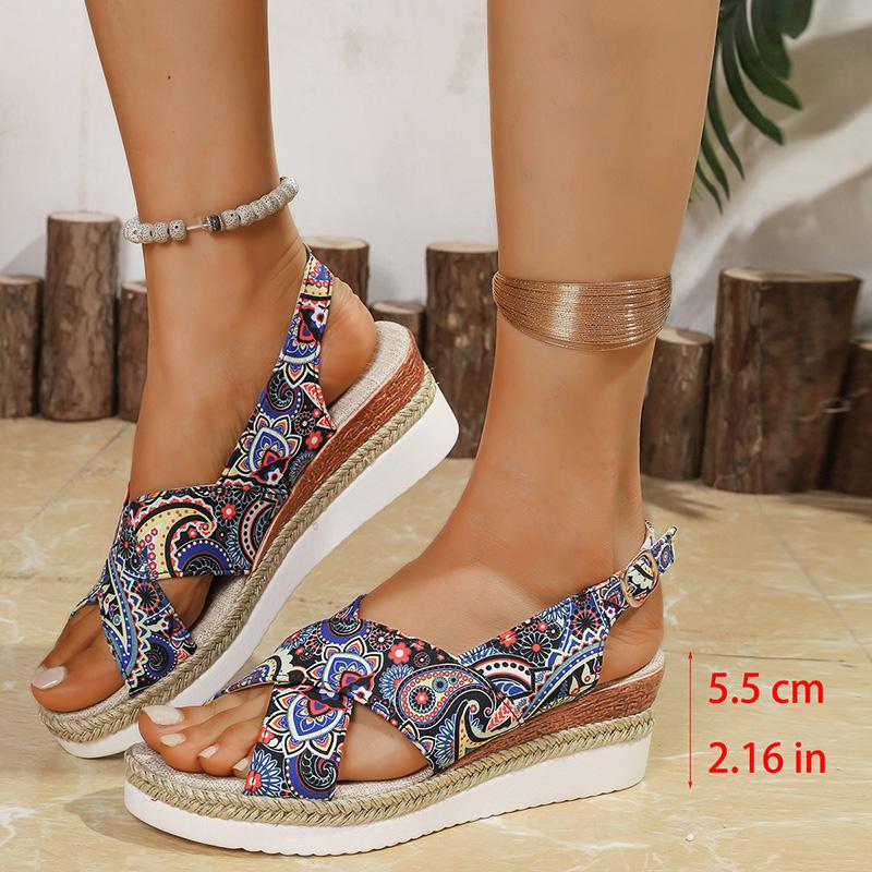 

Fashion Printed Wedge Sandals for Women Summer 2025 Lightweight Buckle Strap Platform Sandles Woman Comfort Non Slip Beach Shoes 43 синий