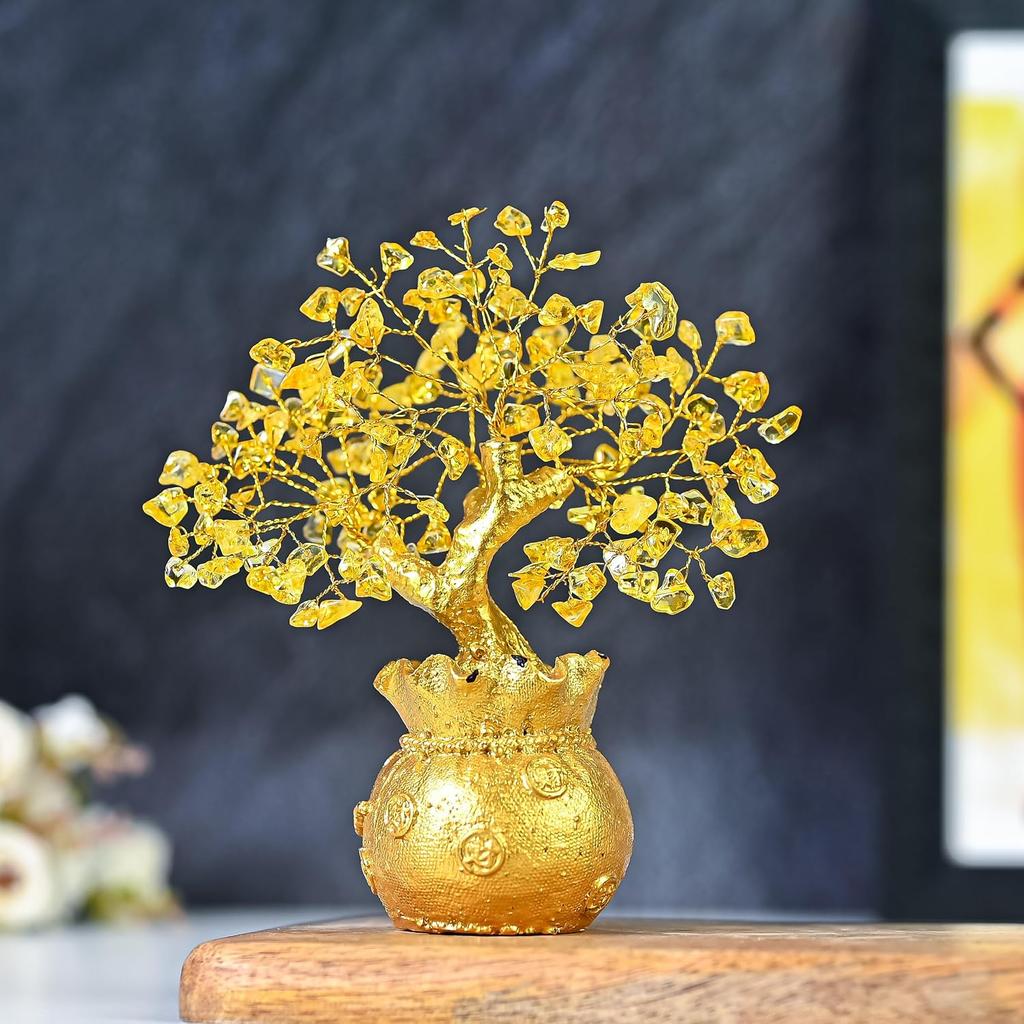 Citrine Tree Of Life Bonsai, Feng Shui, Gold Crystal Ornaments - 7 X 3 Inch