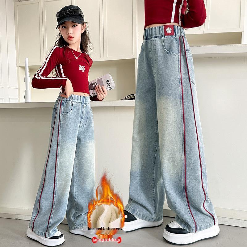 Girls' Fleece-Lined Wide-Leg Jeans for Autumn & Winter