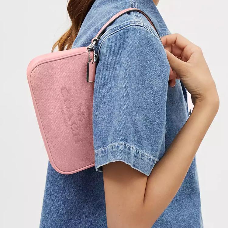 Coach Borsa a Spalla Nolita 19 con Logo a Fantasia Chiusura con Zip Jacquard e Pelle Liscia Piccola Borse da Donna Argento Rosa Chiaro CU002-SVOBD