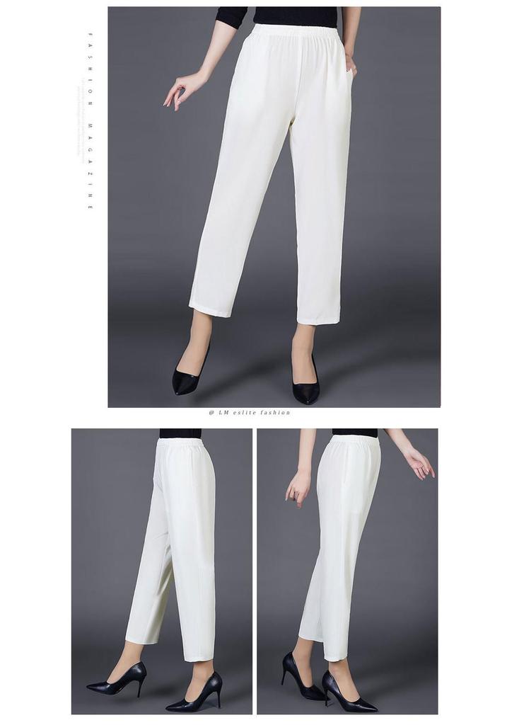 Summer Ice Silk High-Waist Elastic Pants for Middle-Aged and Older Women - Casual, Loose-Fit, Straight, Nine-Point Length