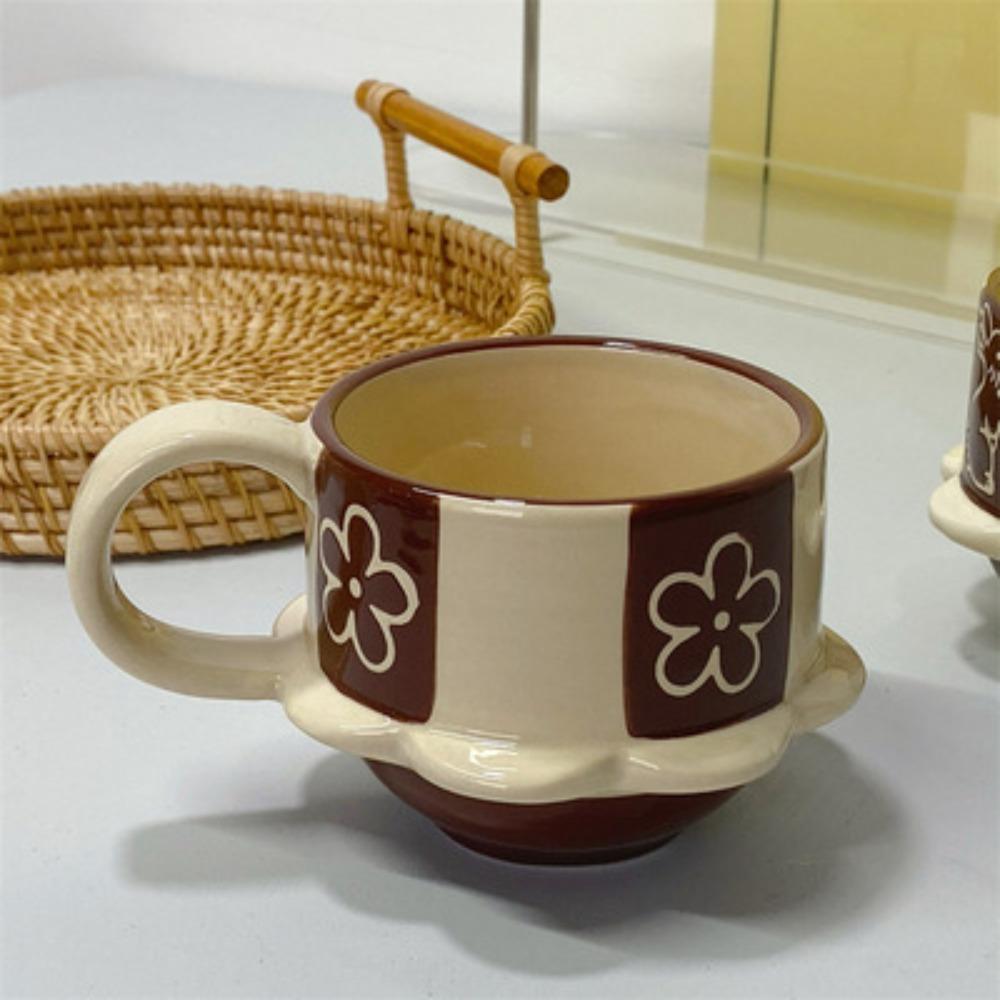 

Japanese retro tall ceramic mug cute flower rabbit coffee cup household medieval relief drinking cup 201-300ml