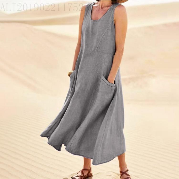Summer Sleeveless Pocket Dress Cotton Linen Blend European American Style 19 Colors
