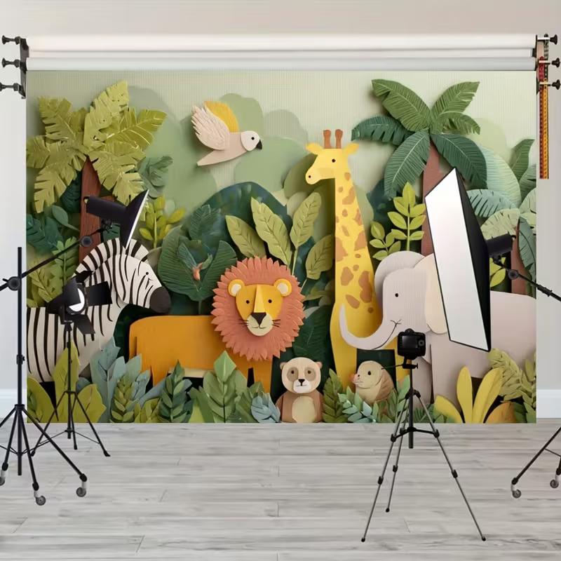 2D Kids Jungle Animals Backdrop, Paper Art Safari Photography Background