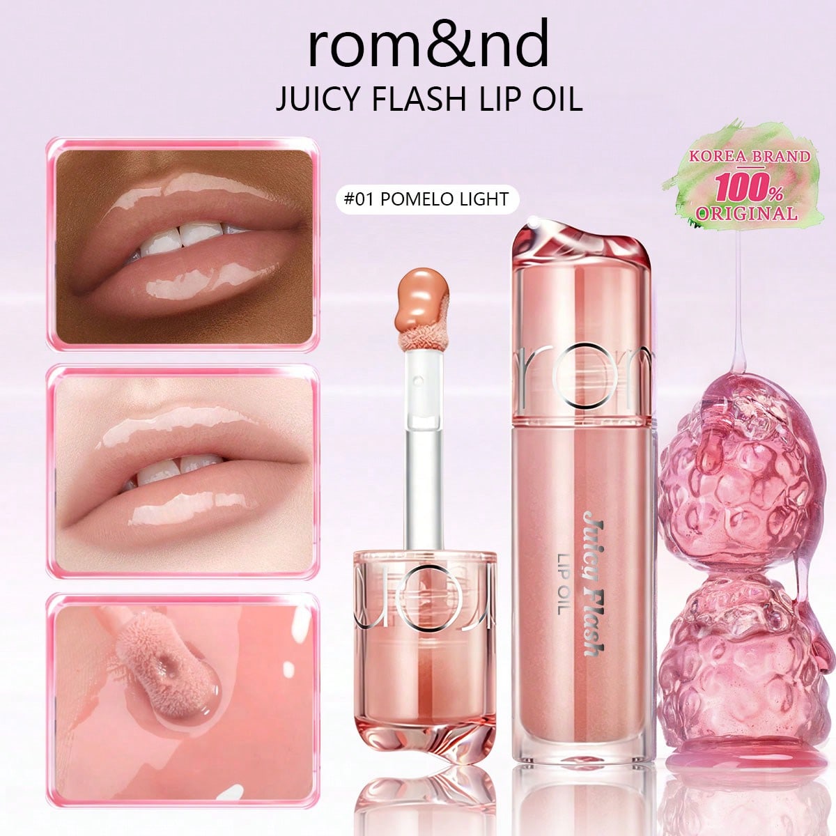rom&nd JUICY FLASH LIP OIL 00-08, Hydraterend & Glanzend, Hydraterend Zonder Plakkerigheid, Langdurige Kleur, , Koreaanse Schoonheid, , Cadeau 4,5g/0,15oz. 01 POMELO LIGHT? white