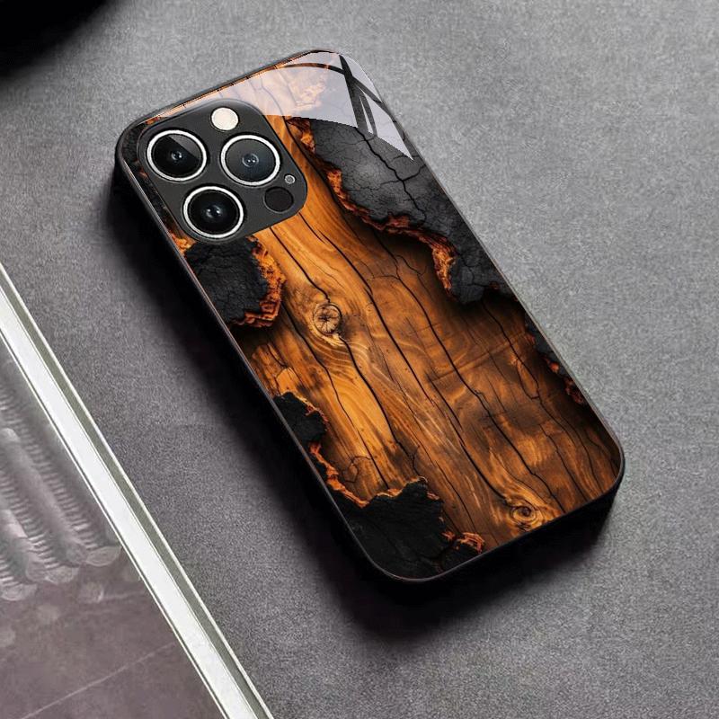 Phone Case Resin Wood Art Spliced Tempered Glass Phone Case Black for IPhone 12/13/14/15/1617/17Pro/18Pro Max Cover Hard Shell