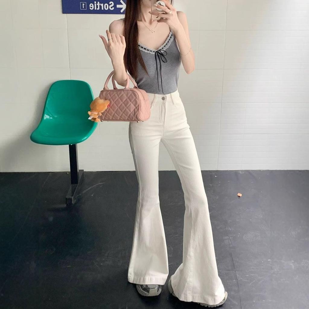 High-waisted Slim White Jeans Women Hundred Yards Big Yards Elastic Straight Horseshoe Micro-large Long Trousers Jeans for Women Long Denim Pants