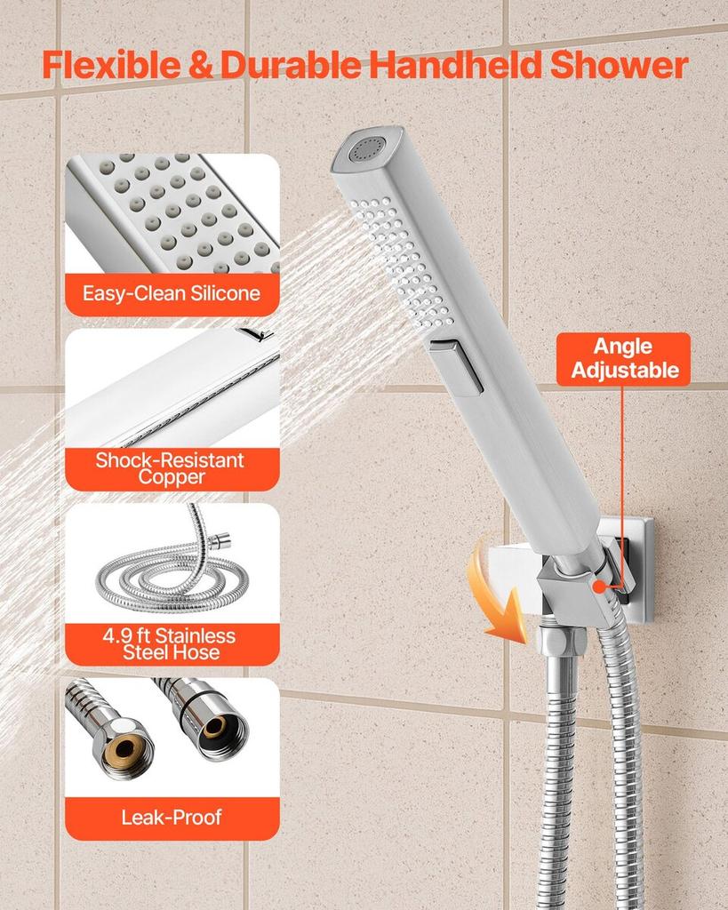 Shower Faucet Set, 254 Mm Ceiling Mount Rainfall Shower System with 6 Body Jets and 2 In 1 Handheld Spray, Rotatable 3-Function Rain Head System Set,