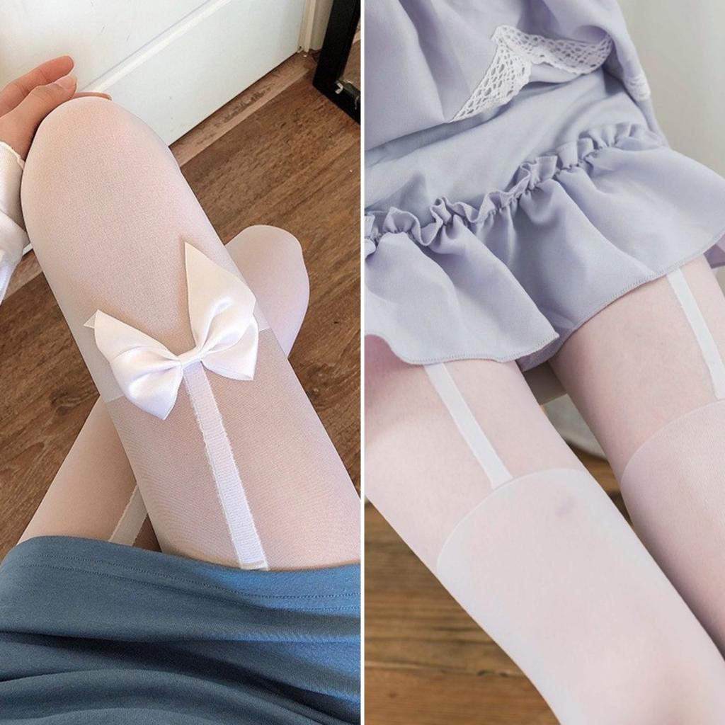Japanese Cute Bow Black Fake Thigh Socks Knee Socks Women'S Jk Black Stockings Splicing White Suspender Socks