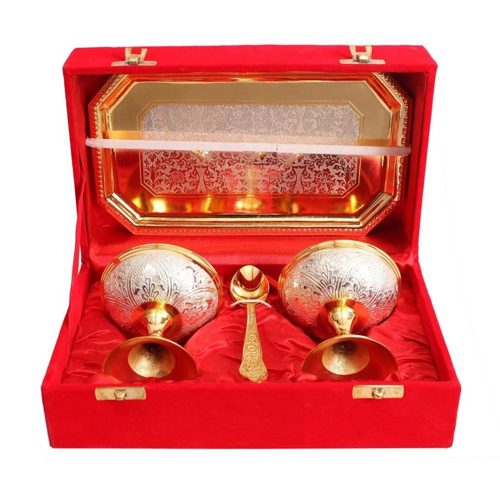 Set of 2 Silver Pleated Gold Polished Ice Cream Bowl with 1 Tray & 2 Spoon - Serving Ice Cream Deserts Gift Item Decorative